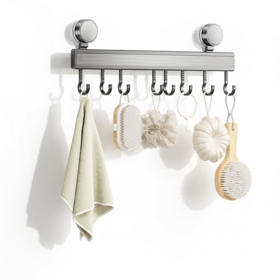 8 Hooks Aluminum Kitchen Rack, No Drilling Wall Mount, Strong Adjustable Suction Cup Hooks For Organizing Kitchen Utensils, Spatulas, Mugs, And Cutlery (Grey, 40cm)​