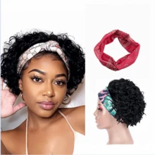 Kercsityn Pixie Cut Human Hair Headband Wig Curly Wave Remy Brazilian Human Hair Scarf Wigs For Black Women Machine Made Wig Free Hairband Included - Natural Black - View 2