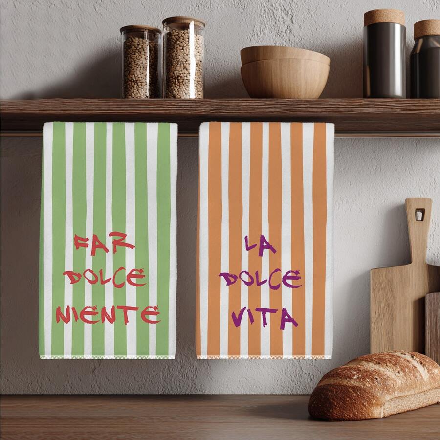 2pcs Minimalist Striped Italian Blessing Text Pattern Kitchen Towels, 40*60cm Soft Microfiber Material Tea Towels, Suitable For Home Kitchen Restaurant Outdoor Camping Tabletop Cleaning Dishcloth Hand Towel Accessories Holiday Gift - Multicolor - View 1