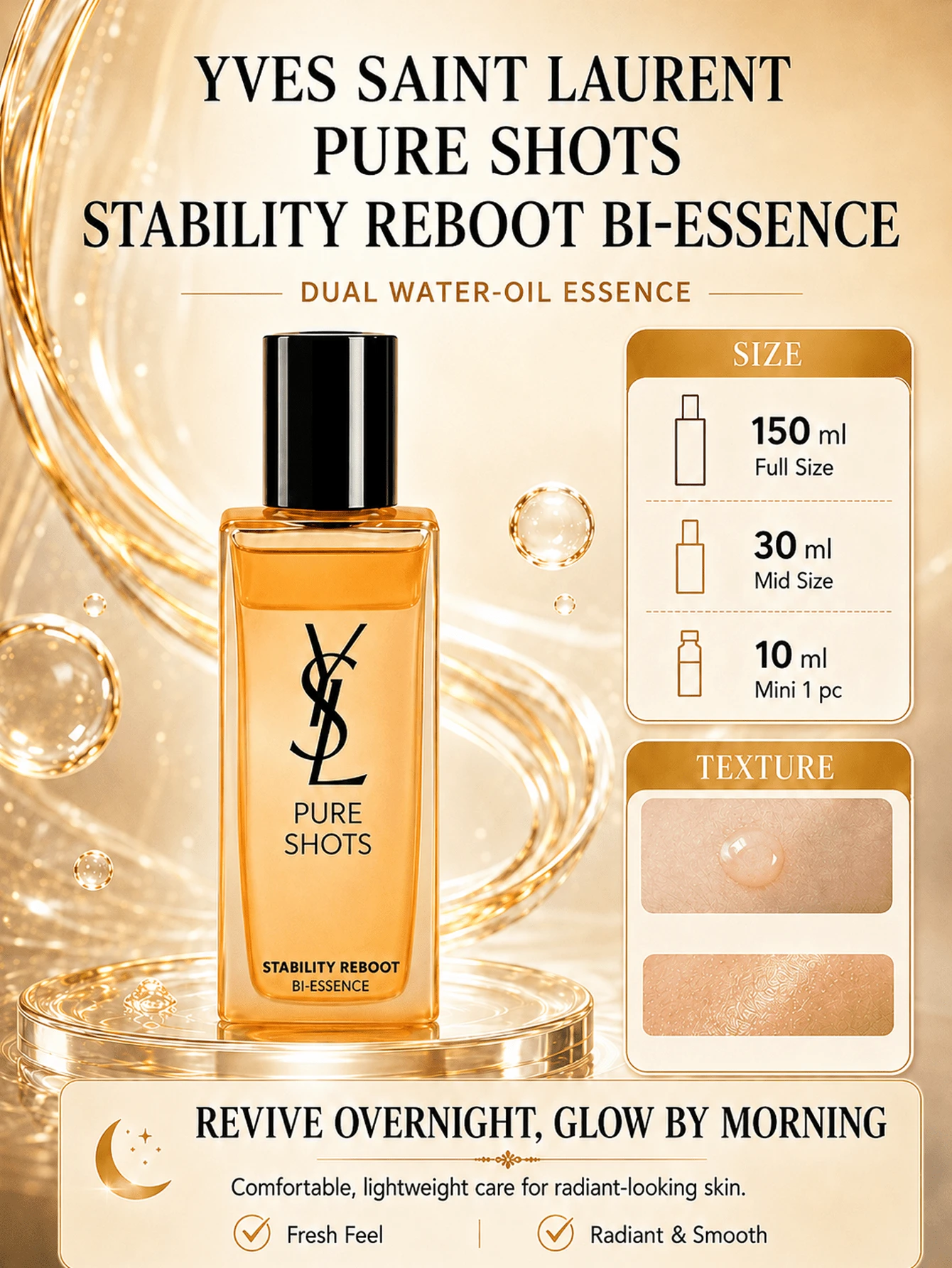 YSL Saint Laurent Night Queen Playful Water，150ml 正裝/30ml 中號/10ml 試用裝，快速吸收，輕盈不油膩，日常護膚必備