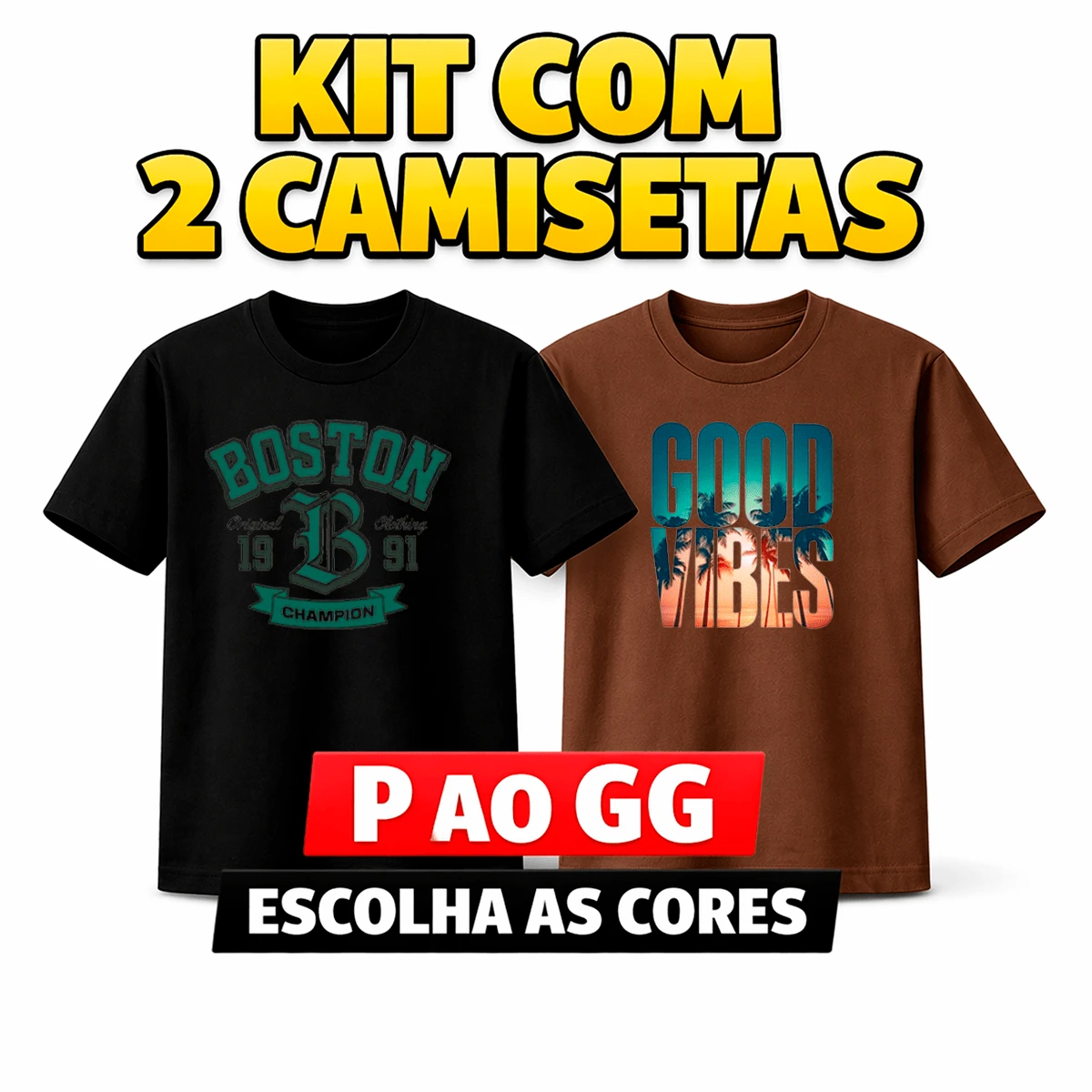 Kit 2 Camisetas Masculina Manga Curta 100% algodão Malha Premium Boston Good Vibes - Preto/Marrom - Visão 1