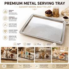 1pc Silver Metal Serving Tray, Decorative Rectangular Footstool Tray With Embossed Geometric Pattern, Mirror Finished Display Tray, Suitable For Coffee Table, Ramadan, Eid, Wedding And Home Decor - View 3
