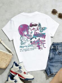 T-shirt casual de verão para mulher, macia, de gola redonda e manga curta, com estampado gráfico de caveira e cogumelo, adequada para looks de primavera e verão, branca - Preto - Ver 5