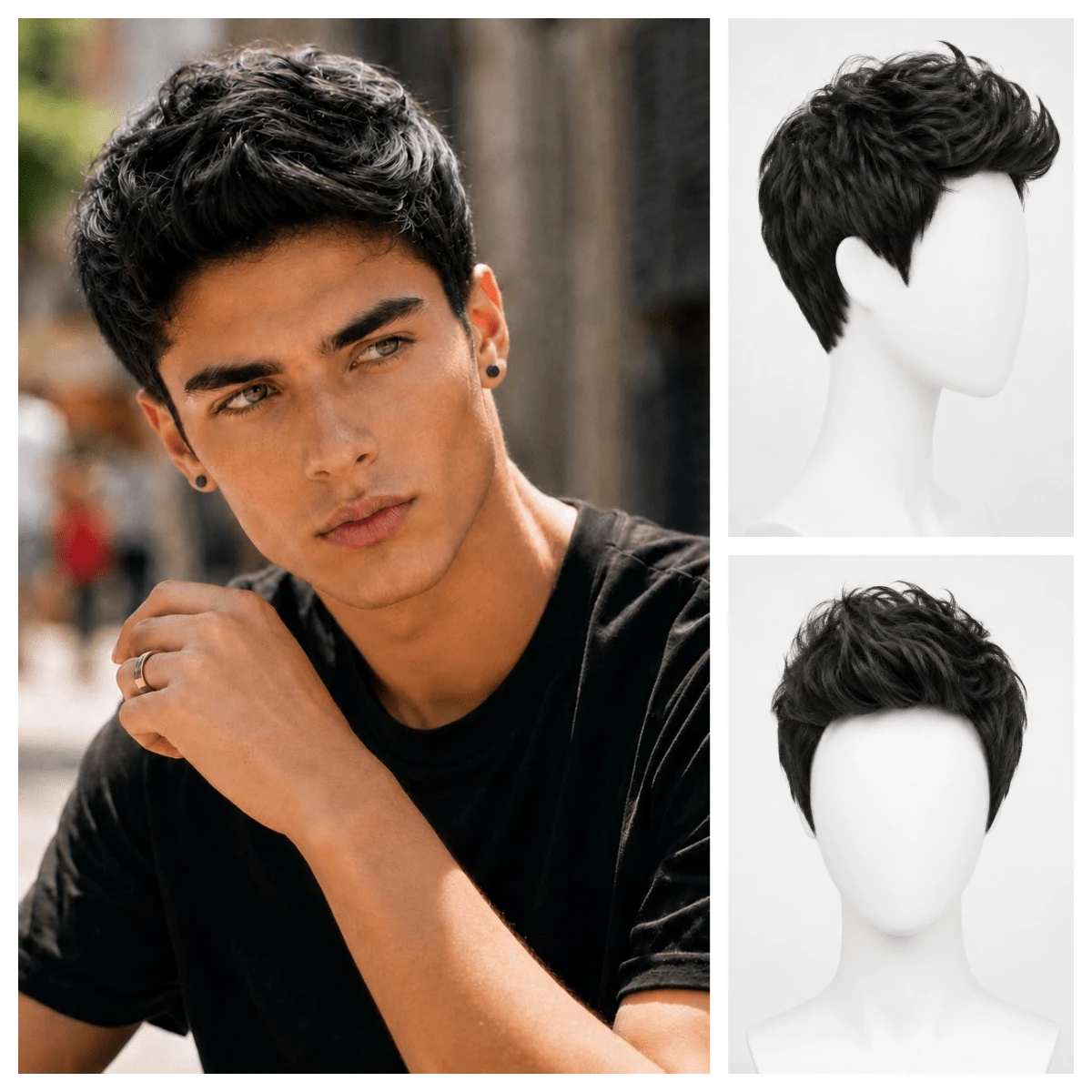 Men's 4-Inch Black Textured Short Layered Wig - Heat-Resistant High-Temperature Fiber, Comes With Wig Cap, Suitable For Daily Commute And Styling, Father's Day Gift - Black - View 1