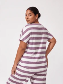 2pcs/Set Plus Size Women's Cute Striped Print Short Sleeve T-Shirt And 3/4 Pants Pajama Set, Comfortable Home Wear For Spring, Summer, Autumn, Slightly Stretchy - Purple - View 4
