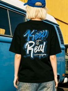 Women's Summer Casual Soft Round Neck Short Sleeve T-Shirt,The Keep It Real Graffiti Print Graphic Fits Casual Spring And Summer Wear. - Negro - Ver 4