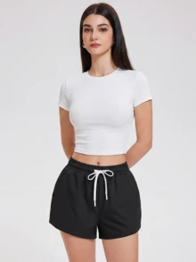 KyrLssu Elastic Waist Drawstring Casual Shorts With Side Pockets - Black - View 4