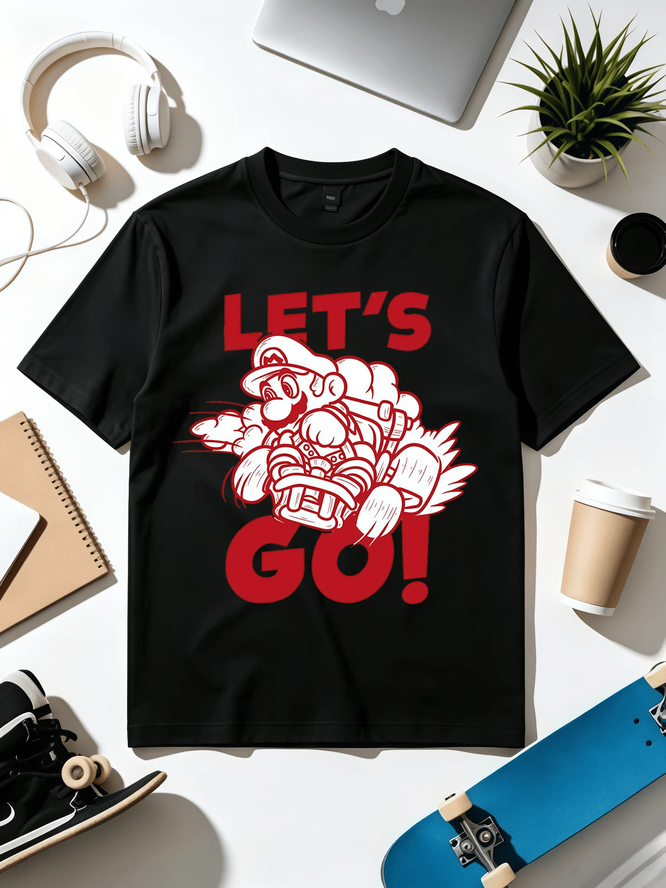 Great, Let's Go! Red Line Art T-Shirt. Soft Fabric, Loose-Fitting, Everyday Leisure T-Shirt. - Black - View 1