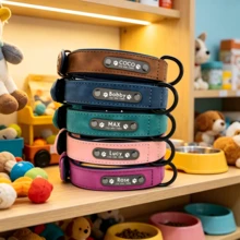 Customized PU Vintage Industrial Style Dog Engraved Collar, Solid Muted Color Tone, Soft Lining Anti-Lost Adjustable ID Tag, For Small & Medium Dogs - Multicolor - View 4