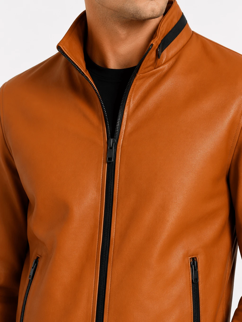 Men's Faux Leather Winter Casual Slim Fit Elegant Jacket With Zipper, Modern Style - 駝色 - 查看 1