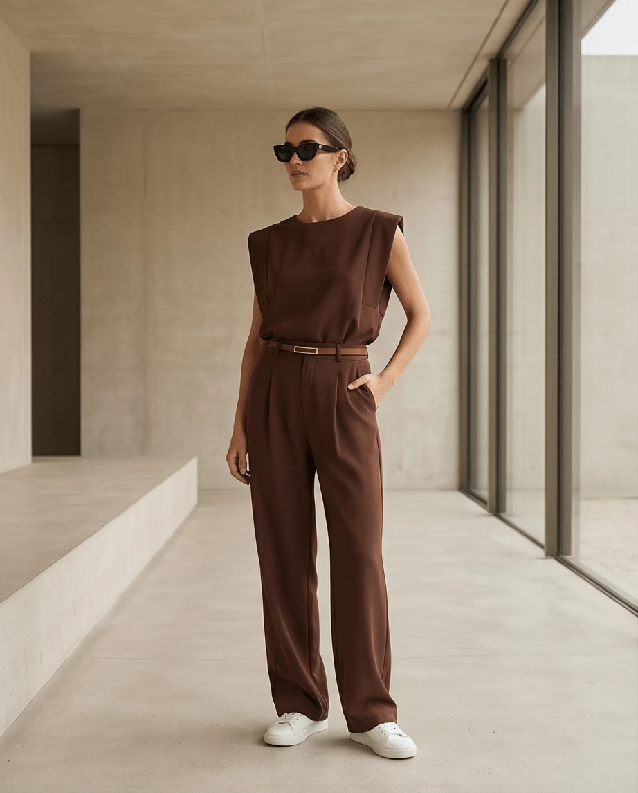 Women's Set: Sleeveless Round Neck Solid Color Top For Summer And Wide-Leg Pants With Belt And Pocket - Chocolate Brown - View 1