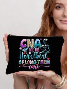 Modisches CNA Muster Handtaschen Set, inklusive Make-up Tasche, geeignet für Frauen - Krankenschwester Thema große Kapazität Reise Aufbewahrungstasche, Pendler Schultertasche, mit festem Schultergurt, Stoffmaterial, empfohlene Handwäsche - Schwarz, Make-up Tasche, Handtasche, Schlafzimmer Dekoration, Zurück zur Schule - Verschiedenfarbig - Übersicht 11