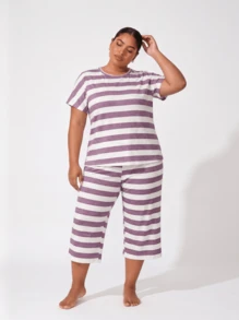 2pcs/Set Plus Size Women's Cute Striped Print Short Sleeve T-Shirt And 3/4 Pants Pajama Set, Comfortable Home Wear For Spring, Summer, Autumn, Slightly Stretchy - Purple - View 6