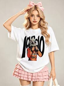 Damen Sommer Lässig Weiches Rundhals Kurzarm T-Shirt, Rennwagen Fahrer F1 Muster Grafik Geeignet für Frühling Sommer. Weiß - Weiss - Übersicht 4