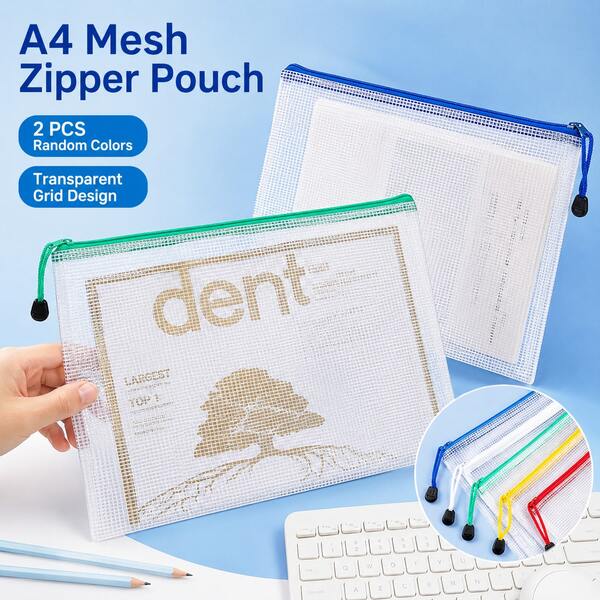 2pcs Transparent Grid Zipper Bag, A4 Size Economy Document Organizer Pouch, Random Color
