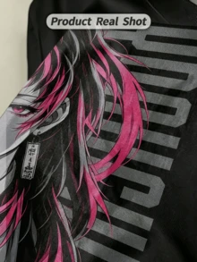 Women's Summer Casual Soft Round Neck Short Sleeve T-Shirt,The Pink Hair Anime Character Print Graphic Fits Spring And Summer Wear. - Black - View 3