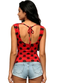 Polka Dot Cowl Neck Sleeveless Top Fitted Ruched Y2K Retro Summer Tank Blouse - Red - View 5