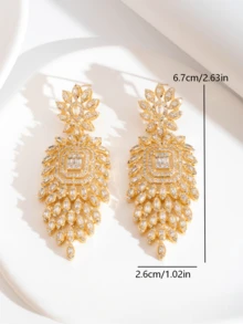 1 Pair Luxury Elegant Sparkling Cubic Zirconia Inlaid Floral Cluster Design Earrings Suitable For Women's Wedding Banquet Wear, Gift Box Not Included - Yellow Gold - View 6
