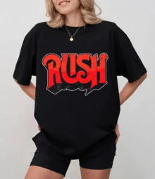 Rush Logo Print T-Shirt With A Vintage Distressed Effect, Unisex Casual Top In Progressive Rock Style - Black - View 7