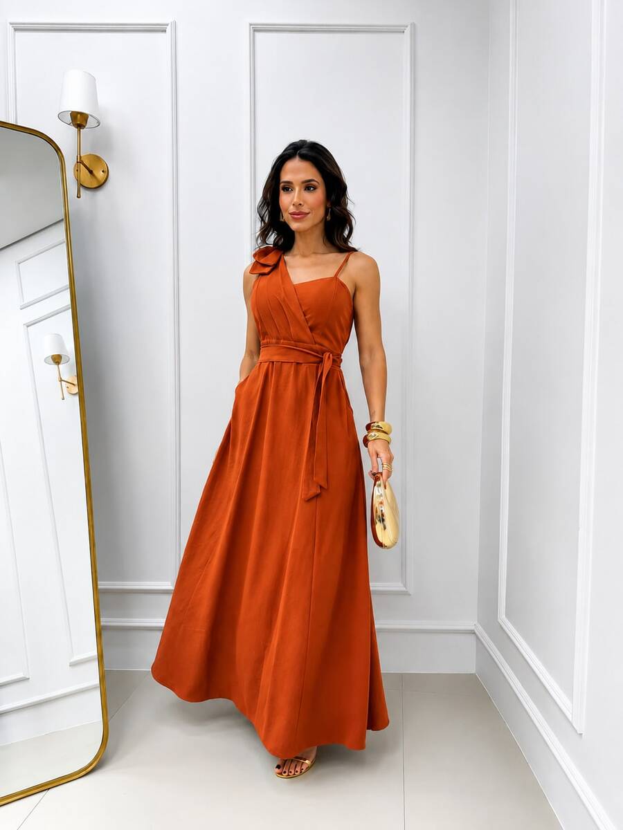 Women's Long Dress With Thin Straps And Bow, Elegant, Chic Party, Wedding, Graduation, Modest Fashion, Padded Bra, Size 3. - 亮橙色 - 查看 1