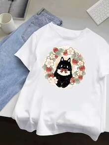 Fashionable Short-Sleeved T-Shirt For Ladies, Cute Little Bear Cool GIRL Letter Print Casual Loose-Fitting Women's 100% Pure Cotton Top, Women's Clothing - White - View 1