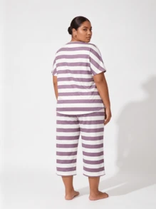 2pcs/Set Plus Size Women's Cute Striped Print Short Sleeve T-Shirt And 3/4 Pants Pajama Set, Comfortable Home Wear For Spring, Summer, Autumn, Slightly Stretchy - Purple - View 8