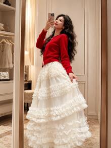 Personalized Sweet & Cool Mesh Patchwork Layered Cake Skirt, Slouchy Vibe Atmosphere Long Skirt, - Multicolor - View 2