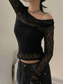 Solid Color Off-Shoulder Long Sleeve Sexy Elegant Hollow Lace Top (No Inner Lining) Casual Black - Black - View 7