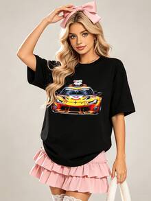 Women's Summer Casual Soft Round Neck Short Sleeve T-Shirt,Colorful Racing Car Print Graphic Suitable For Spring Summer.White - Black - View 4