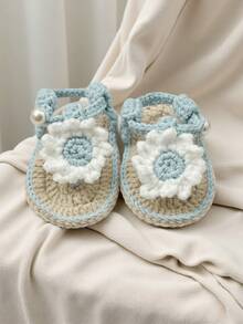 1 Pair Handmade Infant Sandals, Crochet Daisy Flower Design, Yellow & White, Pearl Button Detail - Baby Blue - View 3
