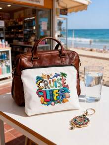 Ensemble de sac fourre-tout en jute imprimé Cruise Life, comprend un sac cosmétique assorti - Sac fourre-tout grande capacité décoré d'éléments océaniques colorés (dauphins, étoiles de mer, coquillages, palmiers), accessoire de mode indispensable pour la plage et les voyages en croisière, sac de courses réutilisable et sac cosmétique, convient pour les vacances, l'usage quotidien, cadeau idéal pour les passionnés de voyage et Noël, rentrée scolaire - Multicolore - Voir 9