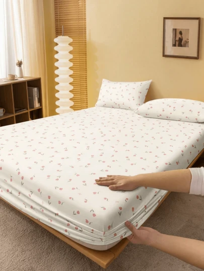 1 pieza Sábana ajustada con patrón floral de tulipán blanco, protector de colchón, funda de colchón con corazón de San Valentín, suave y transpirable, se ajusta a camas individuales, dobles, queen y king de hasta 30 cm de profundidad