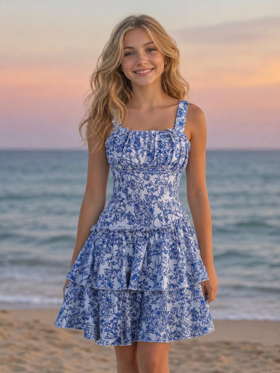 Girls' Ditsy Floral Ruched Hem Layered Camisole Dress, Summer - Baby Blue - View 1