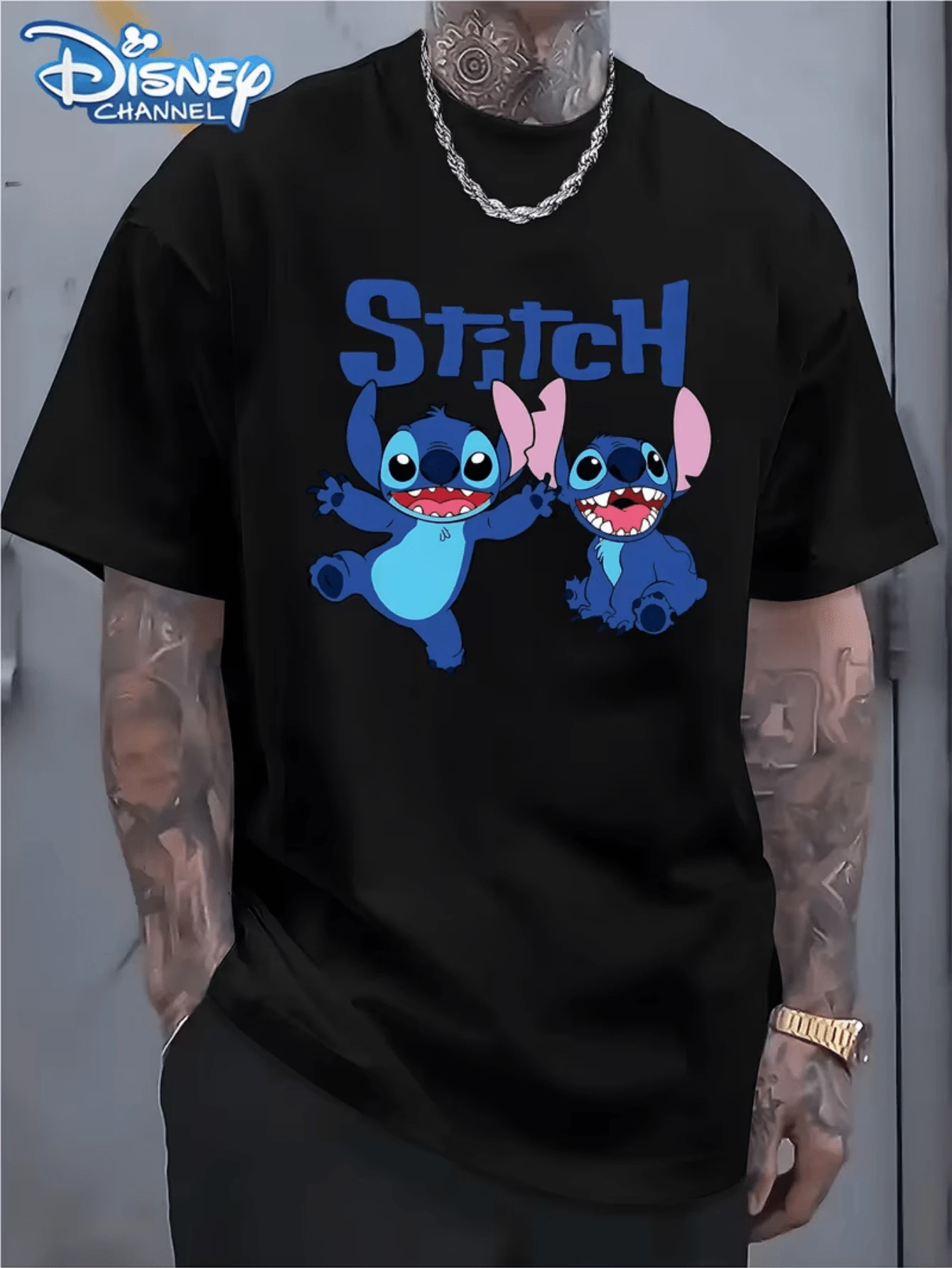 (Disney T Shirts)Disney Stitch "Stitch" Text Print With Two Different Poses Of Lilo & Stitch Character Cartoon 100% Cotton Crew Neck Short Sleeve Graphic Tee Men's Casual Cute Everyday Comfortable Versatile Top, Mens Clothes, Men, Ropa De Hombre, Summer Clothes, Men Shirts, Graphic Tees, Disney Outfits Men, Graphic Tees, Camisetas Para Hombre, Camisas Para Hombre, Summer Outfits For Men, Father's Day Gift, Perfect Gift For Family And Friends, Which Are Necessary For Birthday Parties, Disney Shirts, Mens Clothes, Summer Clothes, Officially Licensed Disney T-Shirts, Disney Men's And Women's Spring/Summer Fashion Casual Short-Sleeve T-Shirts - Black - View 1