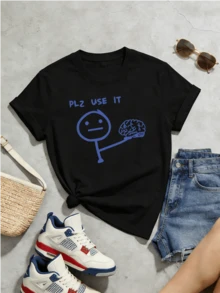 Women's Summer Casual Soft Round Neck Short Sleeve T-Shirt,Blue PLZ USE IT Print Graphic Suitable For Spring Summer.White - Black - View 5