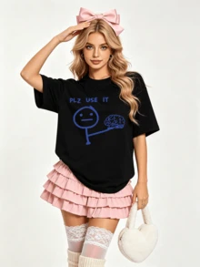 Women's Summer Casual Soft Round Neck Short Sleeve T-Shirt,Blue PLZ USE IT Print Graphic Suitable For Spring Summer.White - Black - View 10
