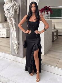 Vestido largo elegante con tirantes finos, volantes asimétricos y lentejuelas - Negro - Ver 2
