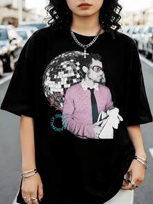 HarrySS Styles Disco Ball Retro Graphic T-Shirt, Pop Icon Crew Neck Tee, Casual Black Short Sleeve Top For Fans - Black - View 1