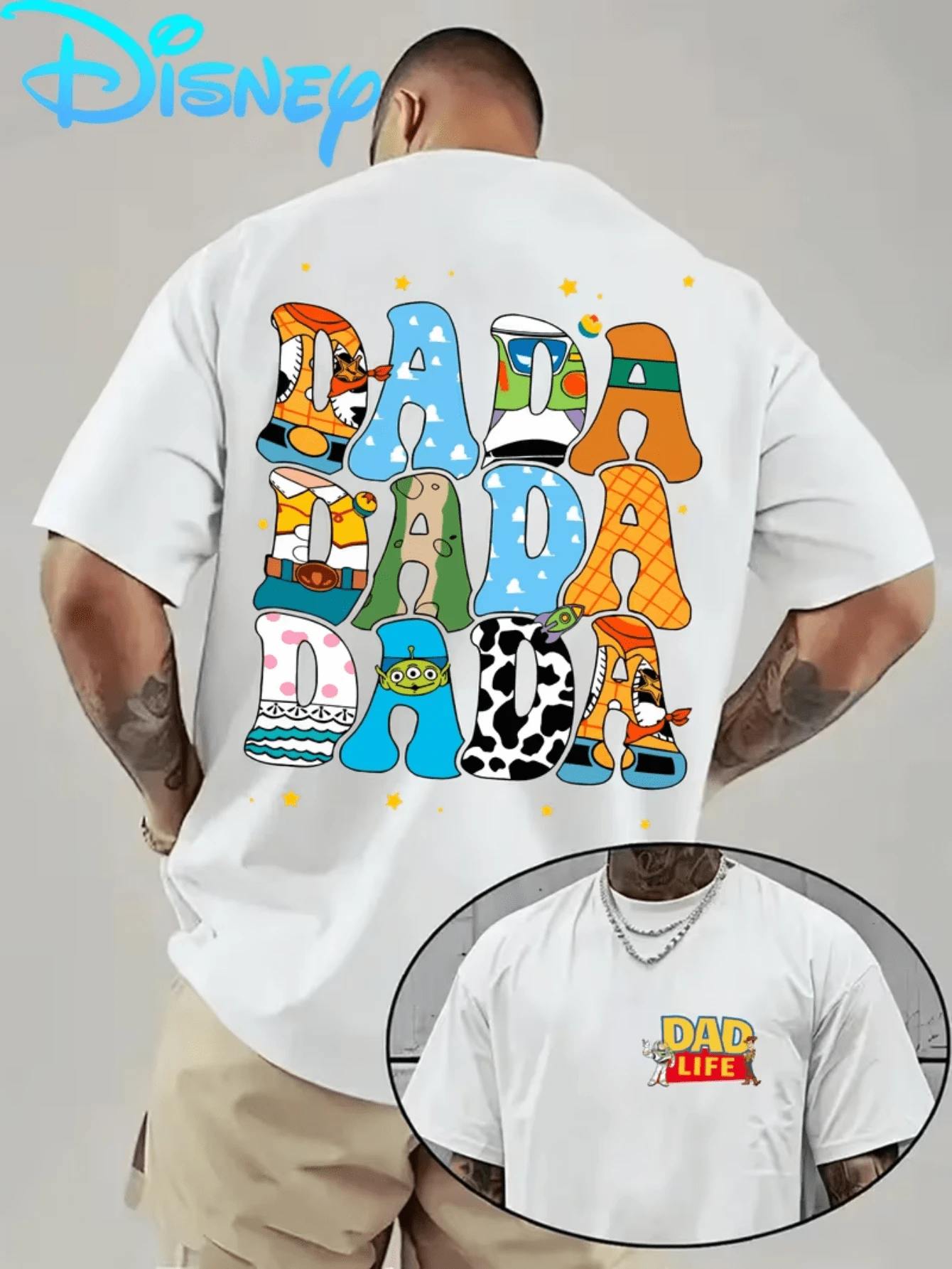 (Disney T Shirts)Disney Toy Story "DADA" Woody, Buzz Lightyear, Jessie & Alien Themed Letter Print With "DAD LIFE" Front Logo 100% Cotton Crew Neck Short Sleeve Graphic Tee Men's Father's Day Casual Everyday Comfortable Top, Mens Clothes, Men, Ropa De Hombre, Summer Clothes, Men Shirts, Graphic Tees, Disney Outfits Men, Graphic Tees, Camisetas Para Hombre, Camisas Para Hombre, Summer Outfits For Men, Father's Day Gift, Perfect Gift For Family And Friends, Which Are Necessary For Birthday Parties, Disney Shirts, Mens Clothes, Summer Clothes, Officially Licensed Disney T-Shirts, Disney Men's And Women's Spring/Summer Fashion Casual Short-Sleeve T-Shirts - trắng - Xem 1