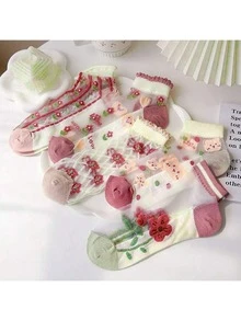 5pairs Women's Cute Lace Edge Transparent Breathable Short Socks - Multicolor - View 7