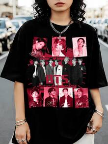 K-Pop BTSS OT7 grafisk röd t-shirt, rund hals, korta svarta ärmar, avslappnad stil för fans - Svart - Visa 1
