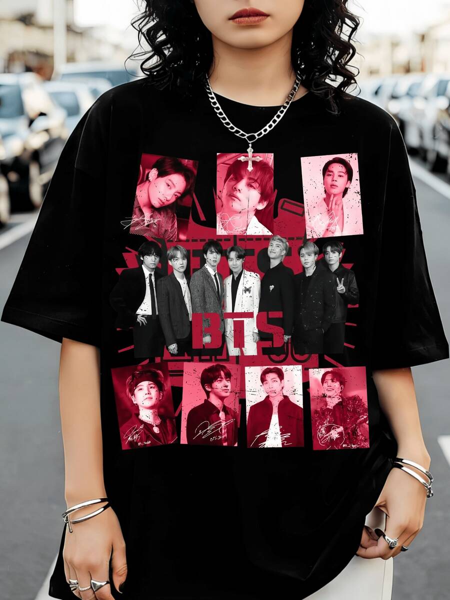 K-Pop BTSS OT7 grafisk röd t-shirt, rund hals, korta svarta ärmar, avslappnad stil för fans - Svart - Visa 1