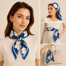 1 chiếc khăn vuông bandana/shawl họa tiết hoa nhiệt đới phong cách casual vintage dễ thương, chất liệu polyester giả lụa, phù hợp cho mọi mùa - Màu xanh lam - Xem 4