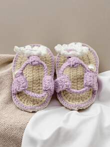 1 Pair Handmade Infant Sandals, Crochet Daisy Flower Design, Yellow & White Color, Pearl Button Detail - Mauve Purple - View 6