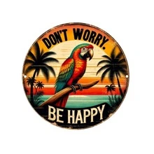 2D平面 1件波希米亞熱帶鸚鵡圓形Logo壁飾「Don't Worry, Be Happy」鮮豔日落棕櫚樹設計 鐵製居家裝飾 適合臥室、客廳，送給親友的禮物，款式如尺寸表所示 - 多色 - 查看 6