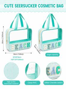 1Piece Women Seersucker Beach Snacks MEDS Bag Chenille Letter Clear Sunscreen SPF Makeup Bag With Handle And Zipper Seersucker Stripe Preppy Girls Cosmetic Pouch For Storage Travel Organizer - Multicolor - View 3