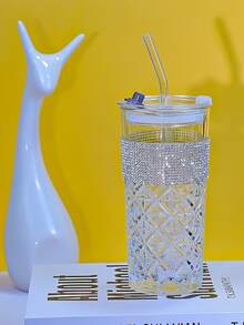1pc Blue Crystal Glass Cup With Diamond Straw Bottle, Colorful Transparent Glass Cup For Drinks, Water, Coffee, Suitable For Home And Office - Multicolor - View 12