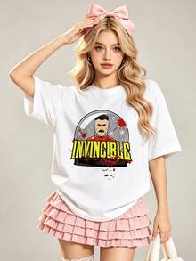 Women's Summer Casual Soft Round Neck Short Sleeve T-Shirt,Invincible Omni-Man Snow Globe Print Graphic Suitable For Spring Summer.White - White - View 4