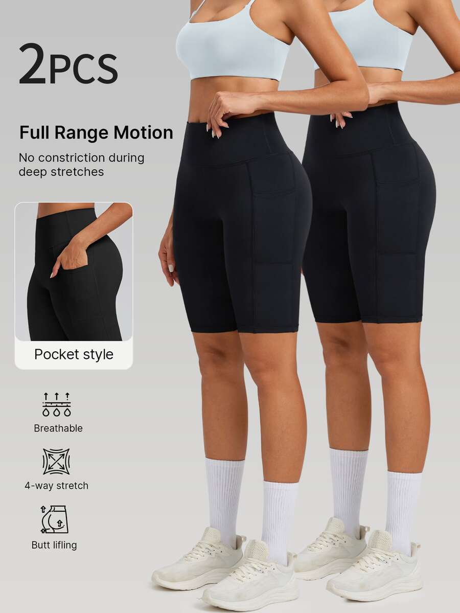 2pcs/Set Women's Elastic High Waist Butt Lifting Tummy Control Cycling Shorts, Summer Sports Shorts, With Pockets, High Elasticity, Comfortable Breathable, Quick Dry Moisture Wicking, Solid Color, Knitted Fabric, Suitable For Gym Fitness, Cycling, Jogging, Running, Workout, Training, Yoga, Pilates - Black - View 1