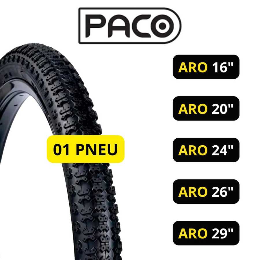 Pneu paco aro 16 20 24 26 29 para bicicletas bike varios tamanhos - Preto - Visão 1